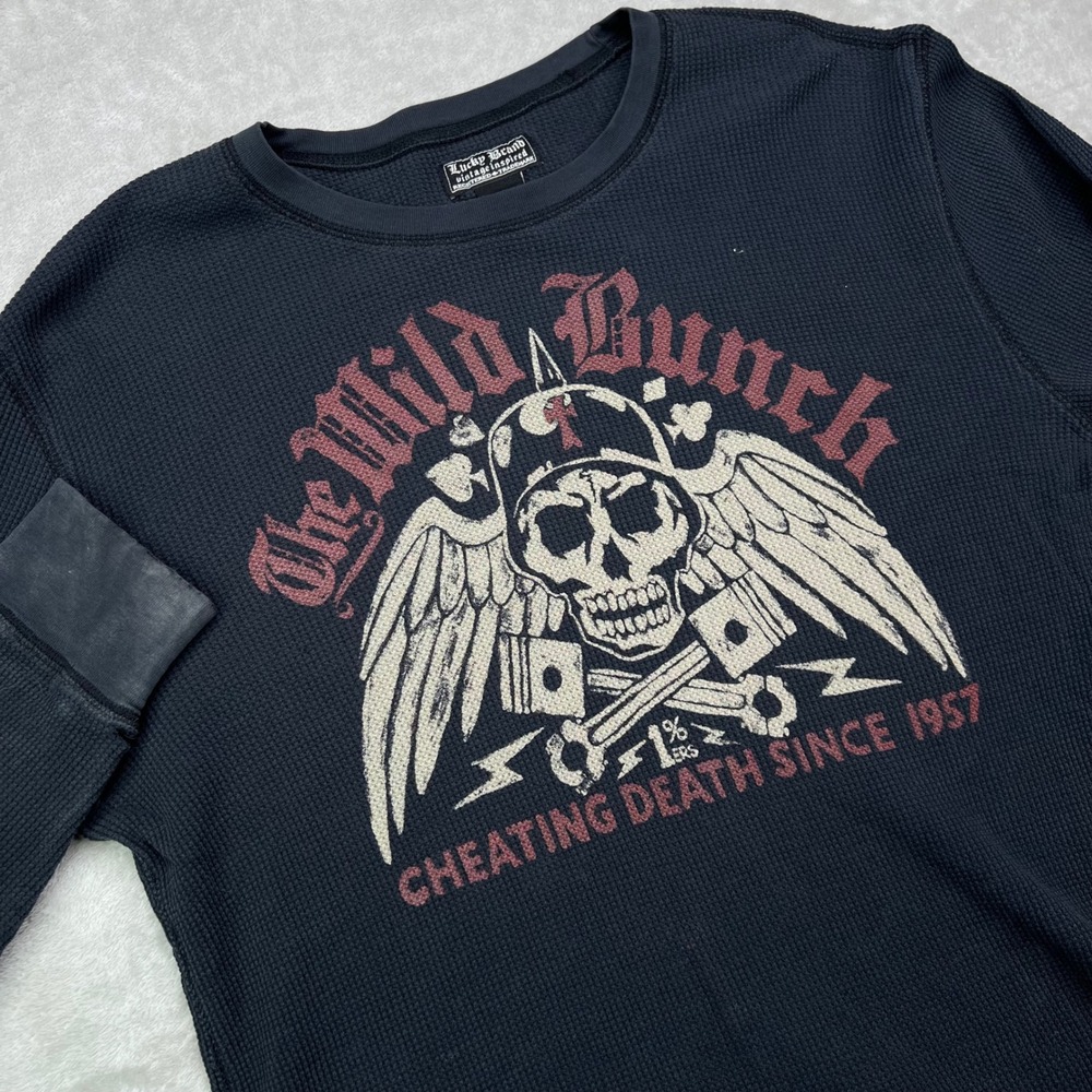 Lucky Brand The Wild Bunch Thermal Shirt Mens L Black Skull Graphic Distressed